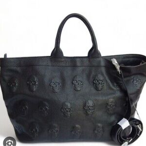 IO PELLE Italian Black Leather Embossed Skull Tote in black